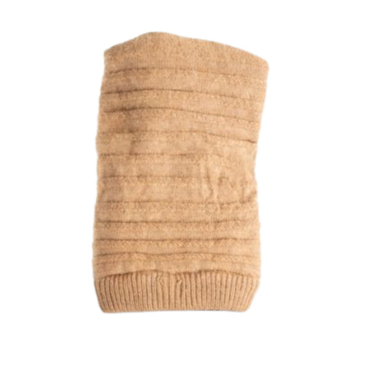 Beige knitted beanie with polyester inner photographed on a white background 