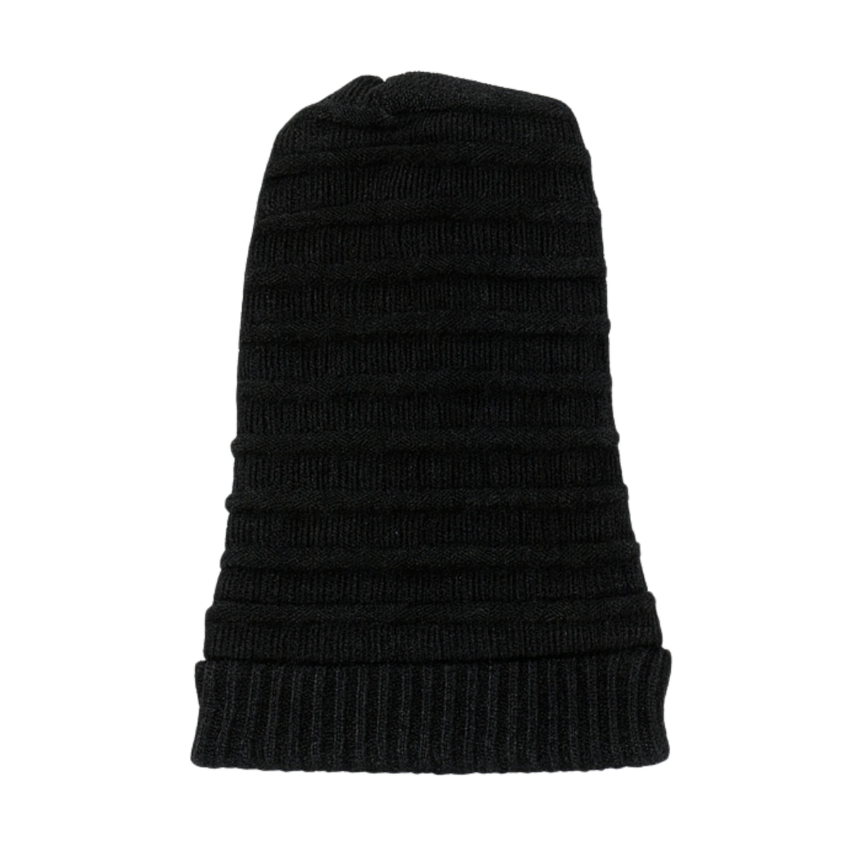Black ribbed knit beanie on a white background