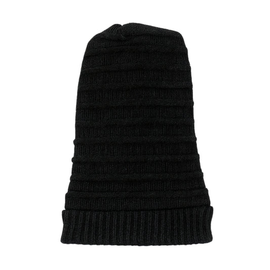 Black ribbed knit beanie on a white background
