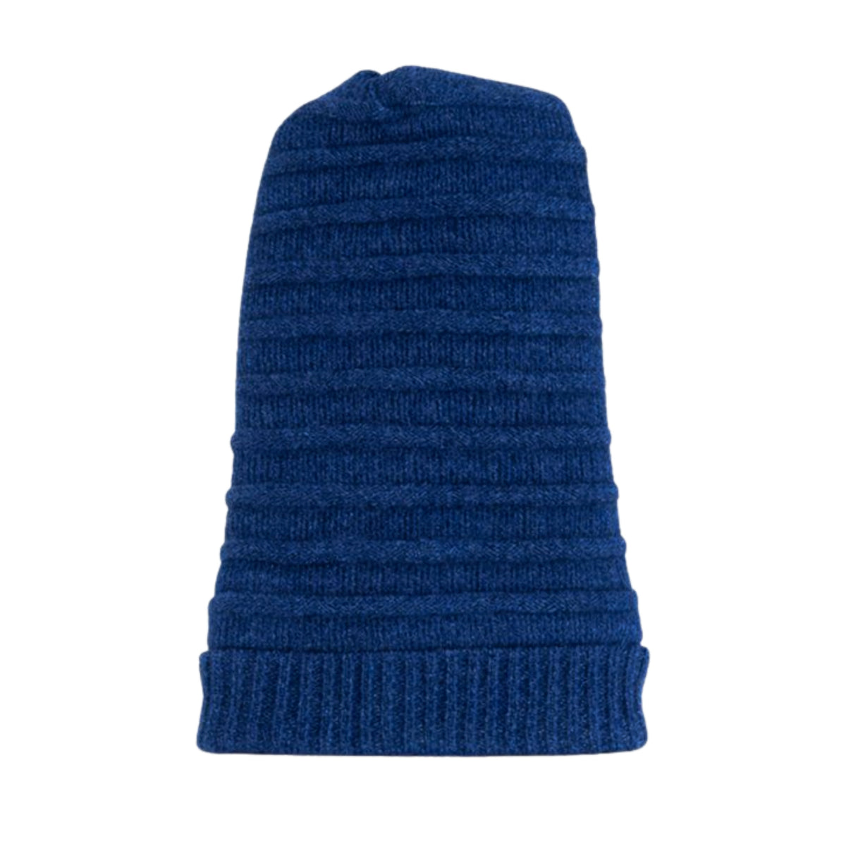 Blue knitted beanie with polyster inner photographed on a white background