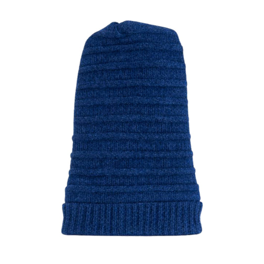 Blue knitted beanie with polyster inner photographed on a white background