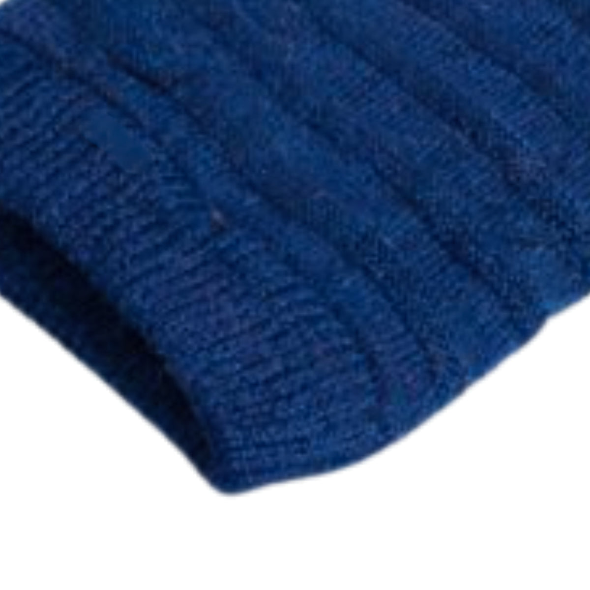 Blue knitted beanie with polyster inner photographed on a white background
