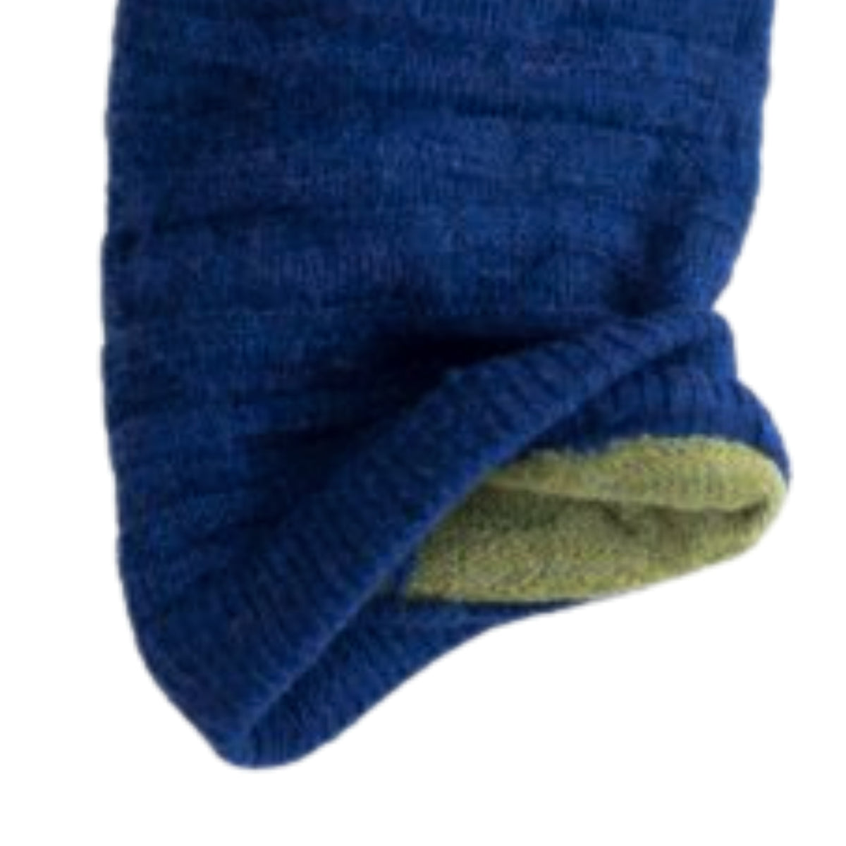 Blue knitted beanie with polyster inner photographed on a white background