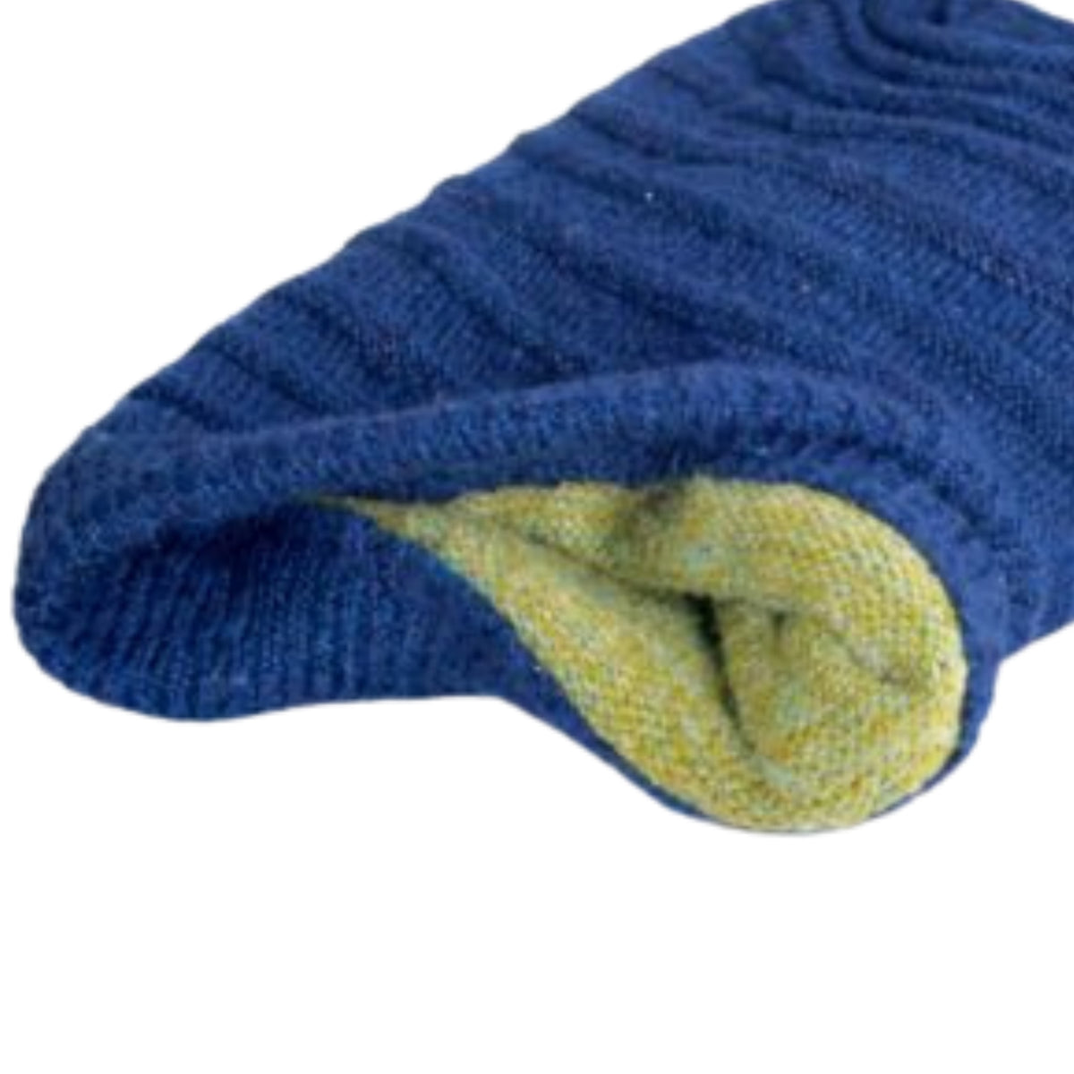 Blue knitted beanie with polyster inner photographed on a white background