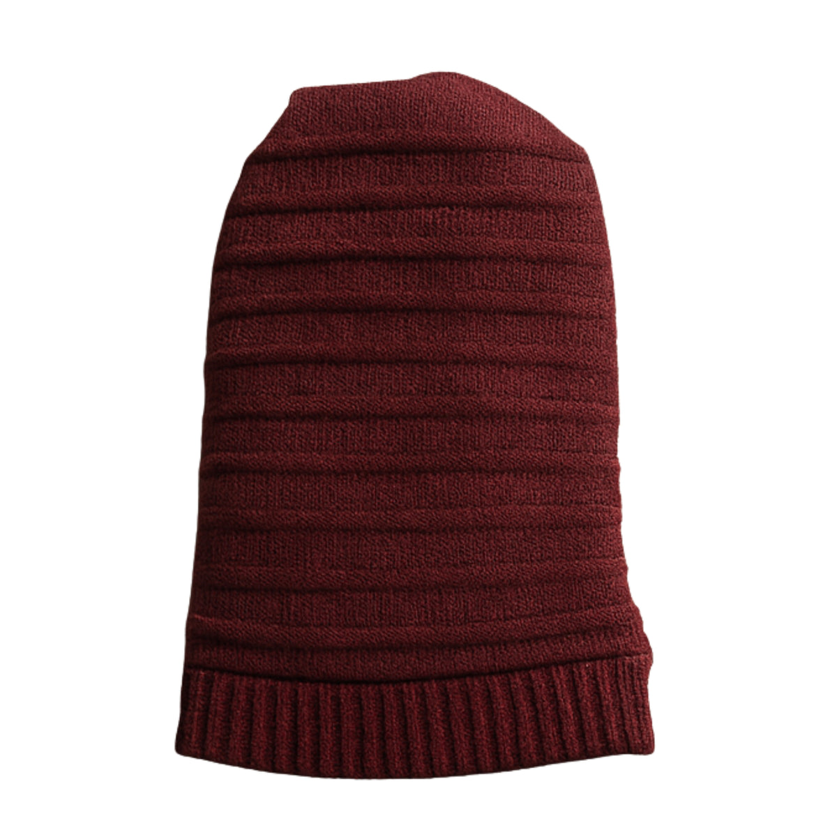Maroon ribbed knit beanie with polyster inner photographed on a white background
