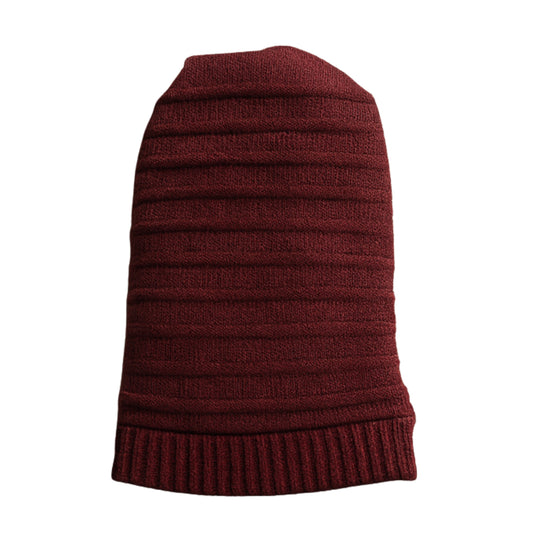 Maroon ribbed knit beanie with polyster inner photographed on a white background