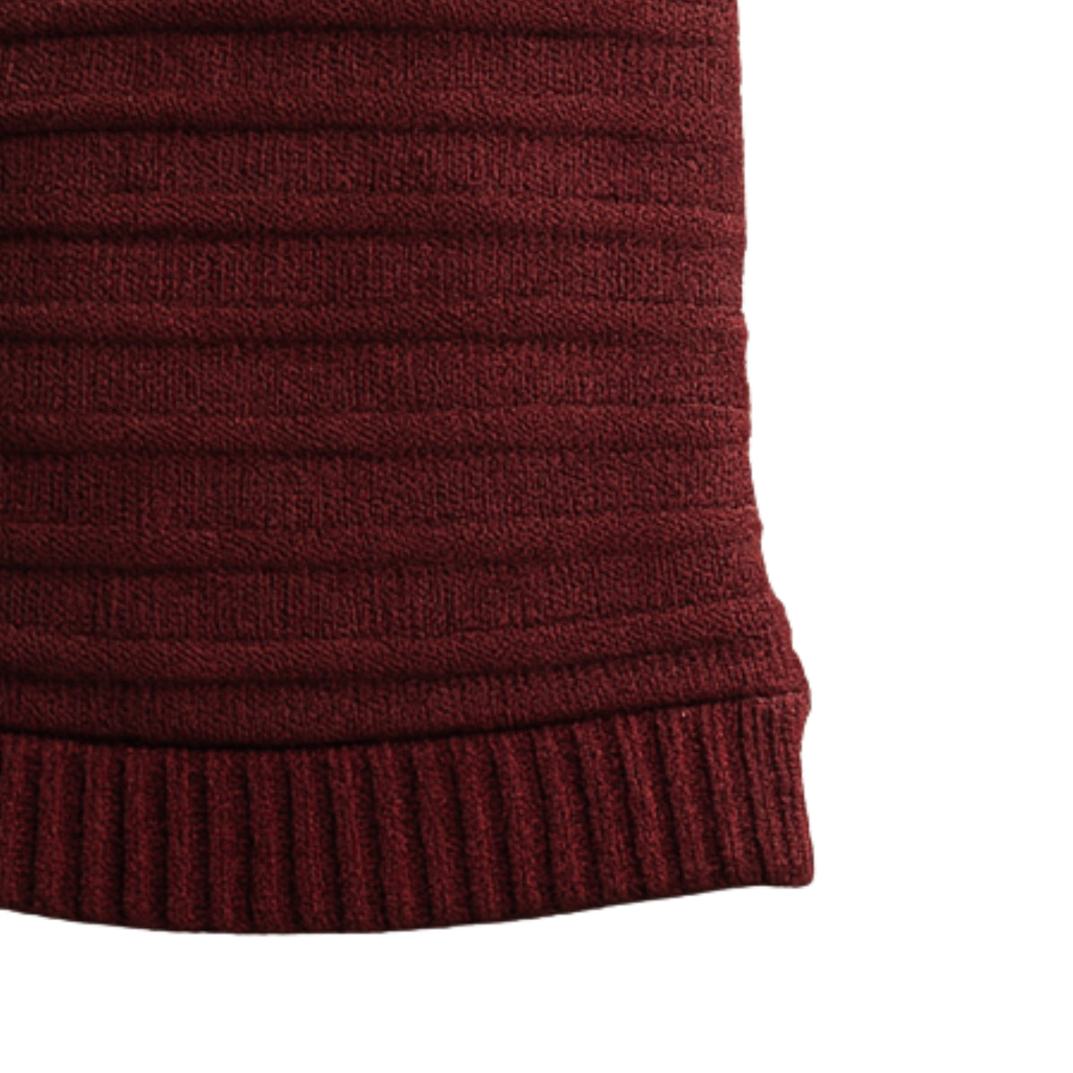 Maroon ribbed knit beanie with polyster inner photographed on a white background