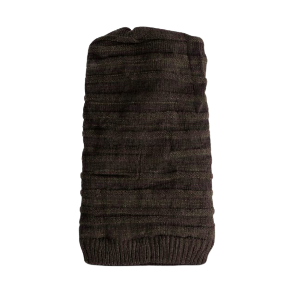 Brown knitted beanie with polyster inner photographed on a white background