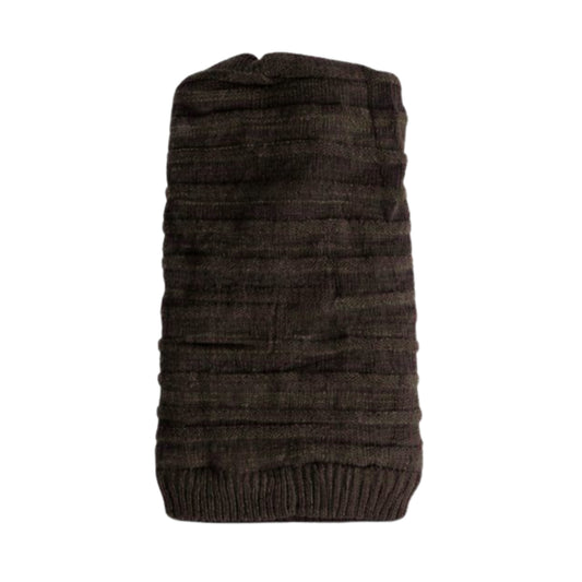 Brown knitted beanie with polyster inner photographed on a white background