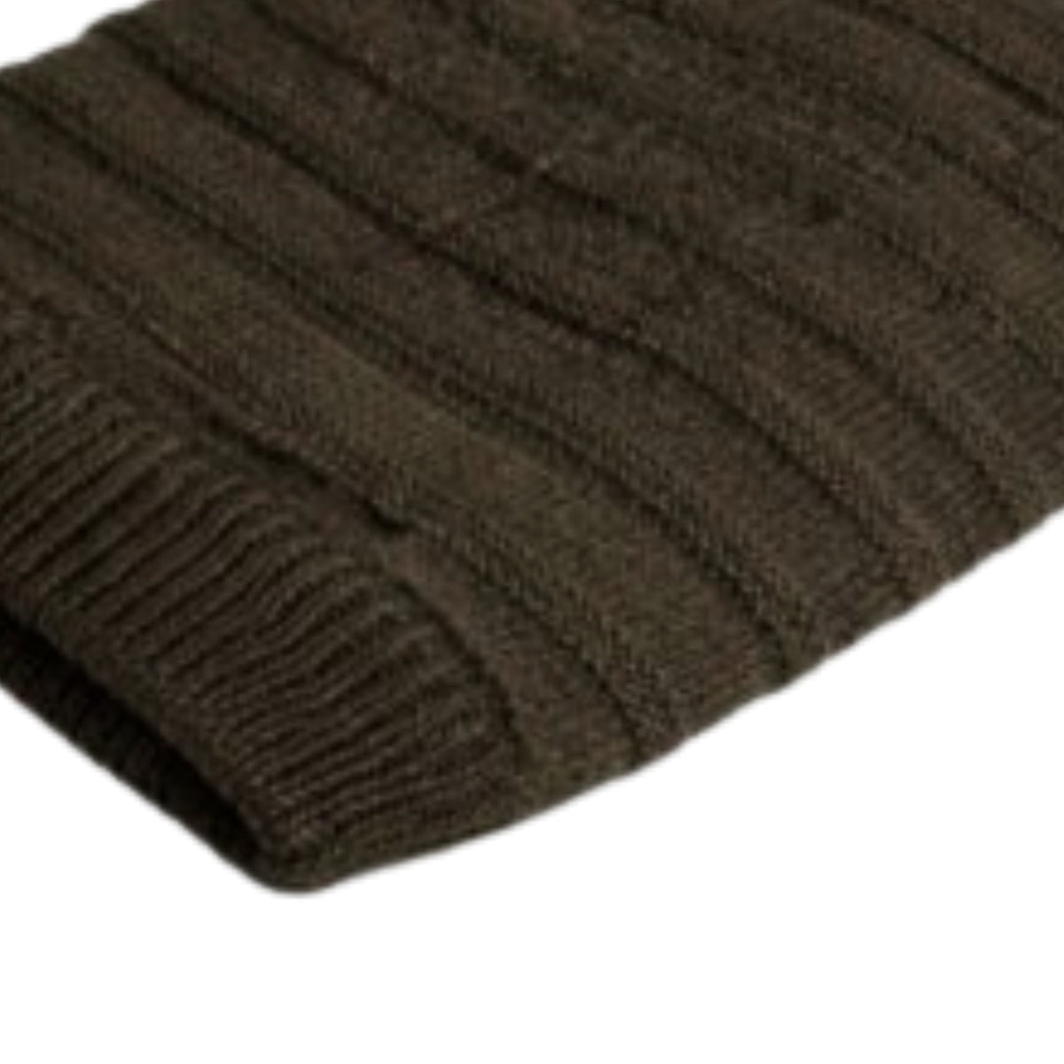 Brown knitted beanie with polyster inner photographed on a white background