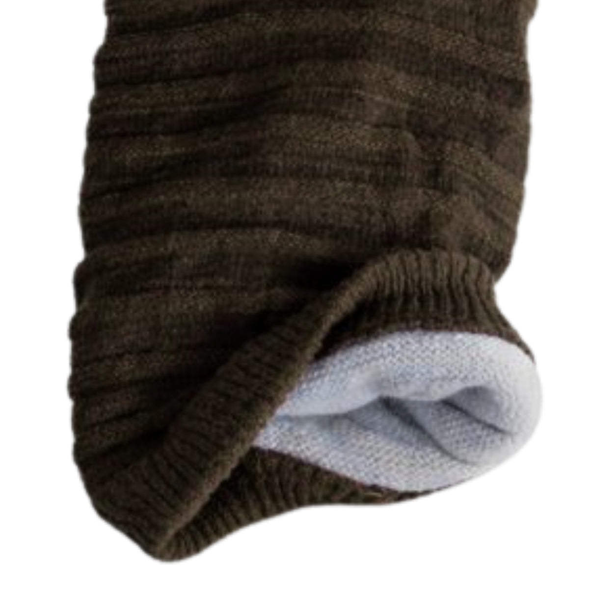 Brown knitted beanie with polyster inner photographed on a white background