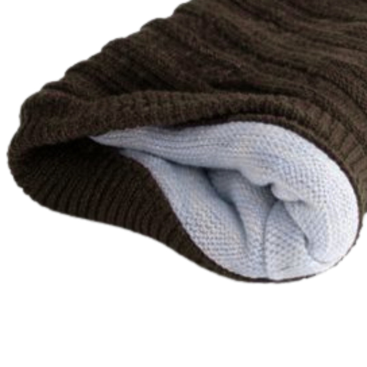Brown knitted beanie with polyster inner photographed on a white background