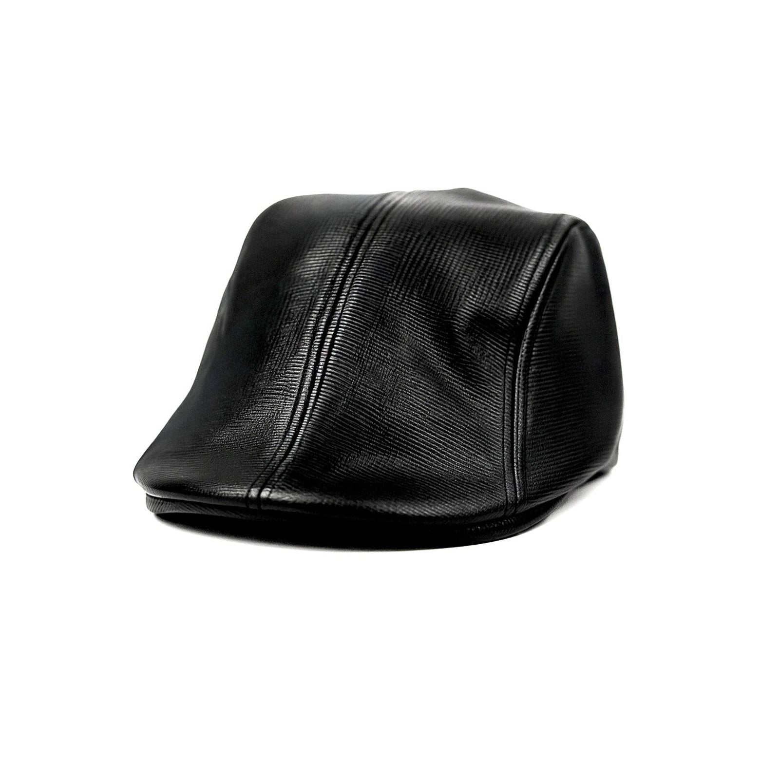 Black faux leather flat cap with a structured low crown , stiched curved in the middle and an adjustable round back photographed on a white background.
