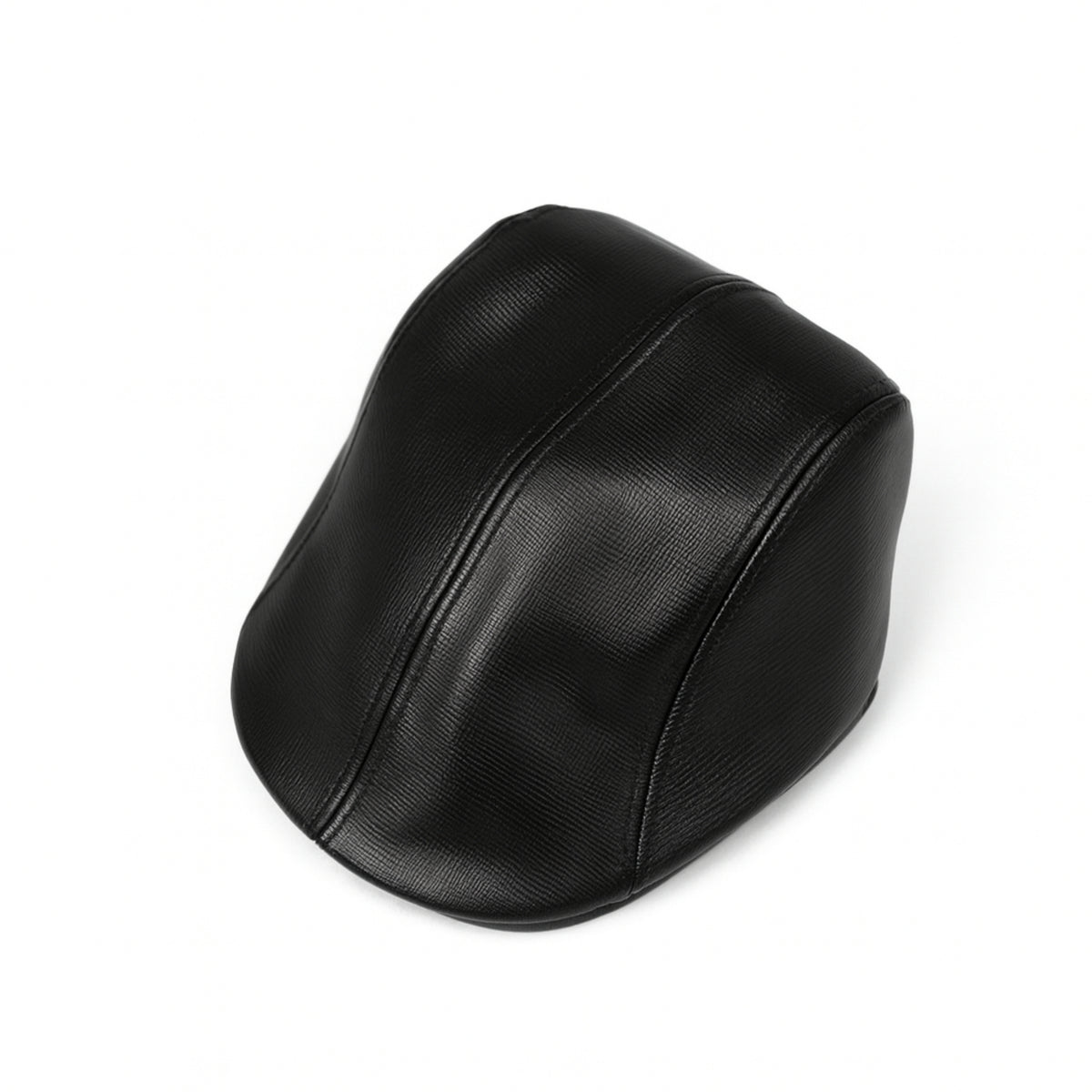 Black faux leather flat cap with a structured low crown , stiched curved in the middle and an adjustable round back photographed on a white background.
