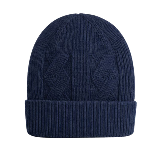Navy blue knit beanie with geometric pattern and inner velvet photographed on a white background
