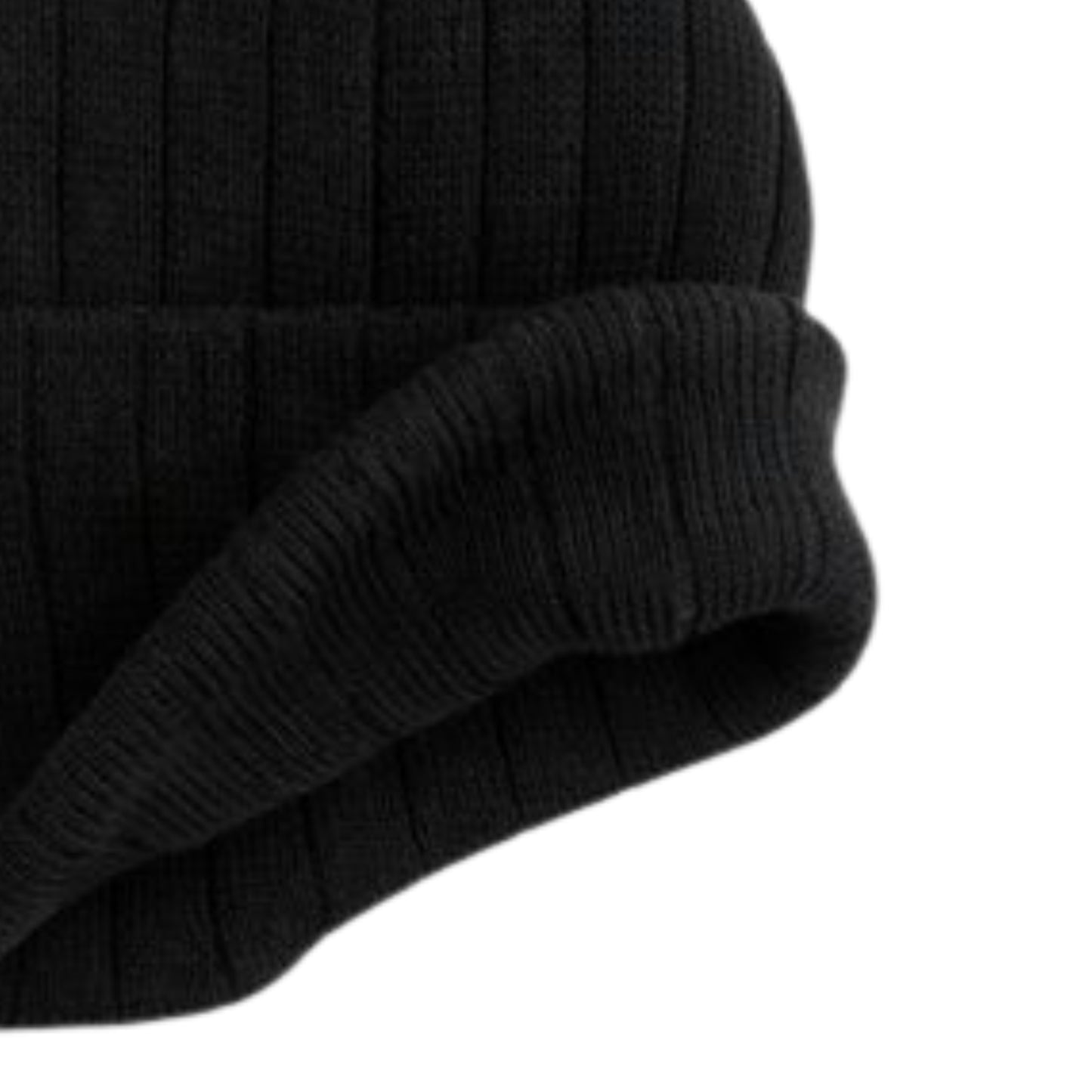 Close-up of a black knit beanie on a white background