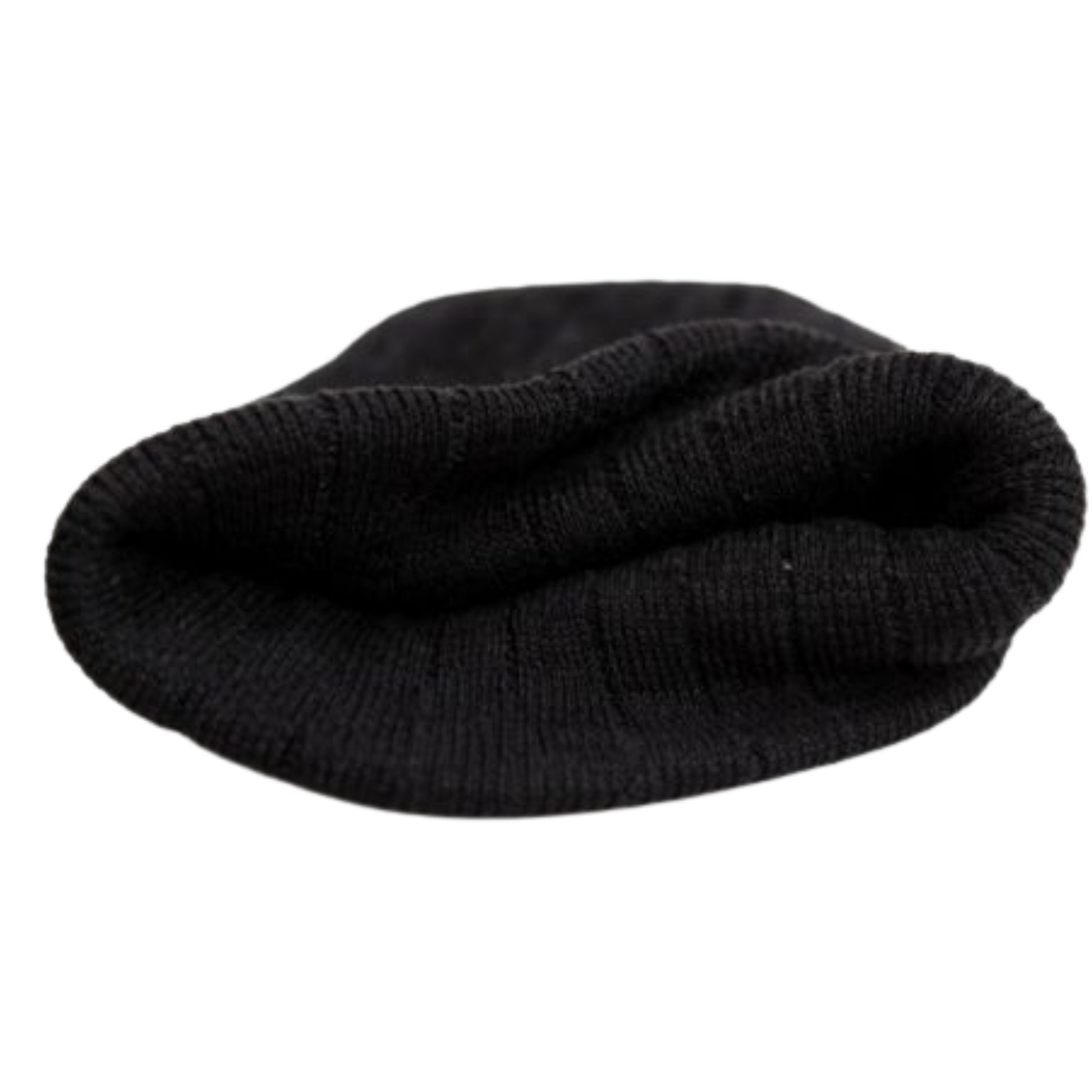 Black knit beanie on a white background