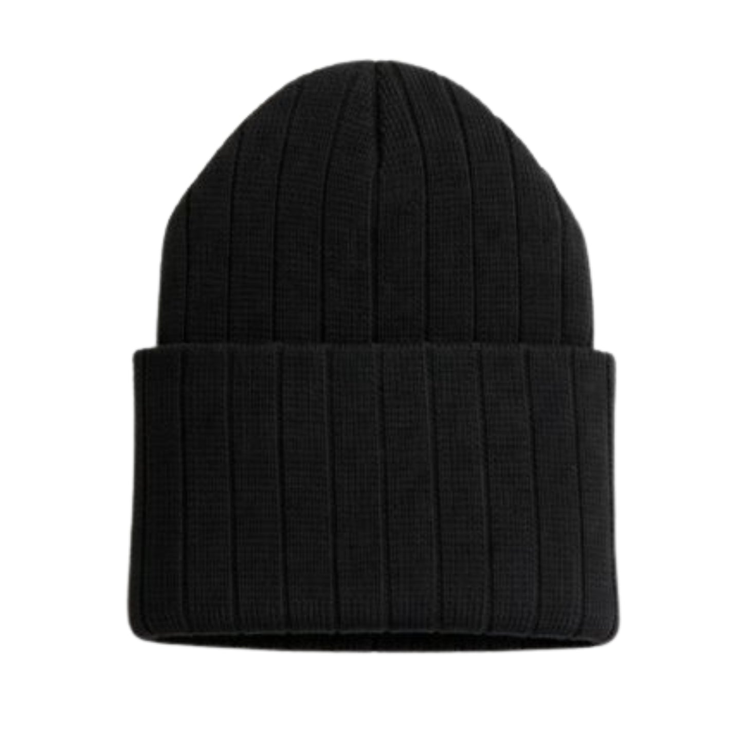 Black knit beanie photographed on a white background