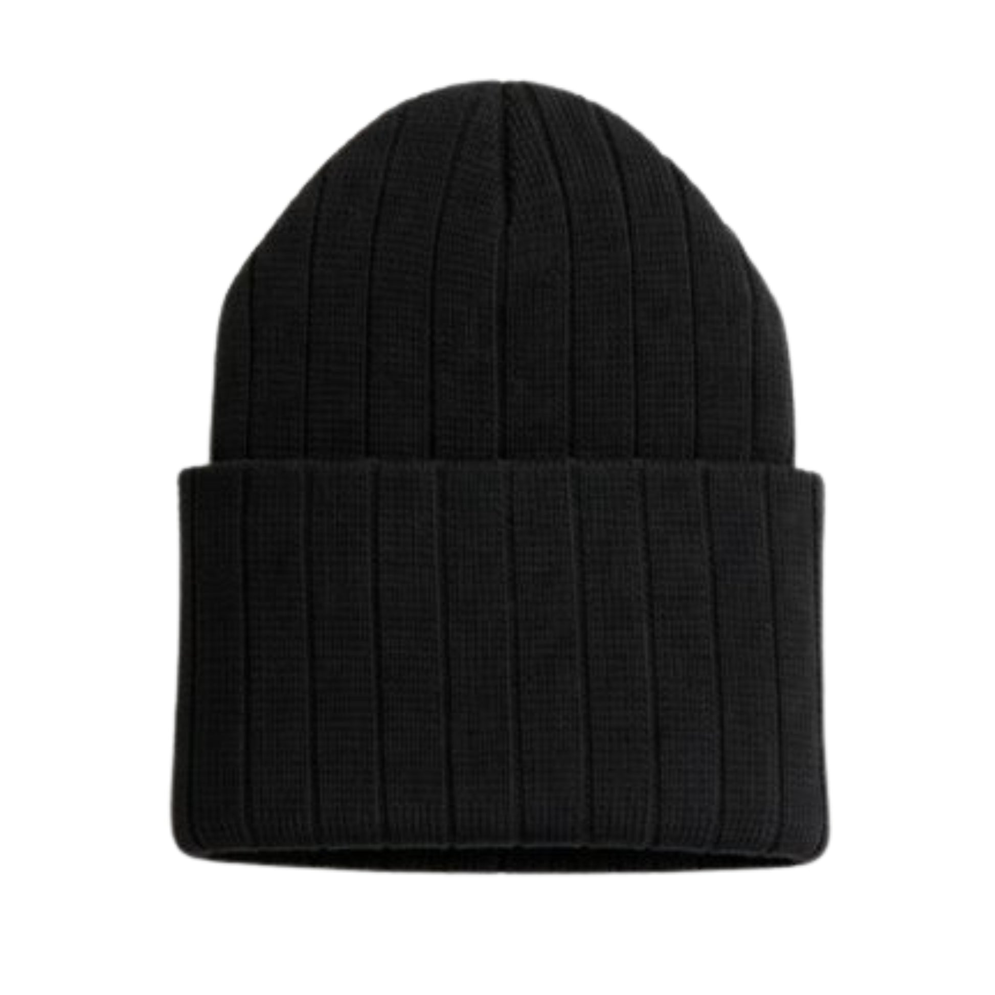 Black knit beanie photographed on a white background