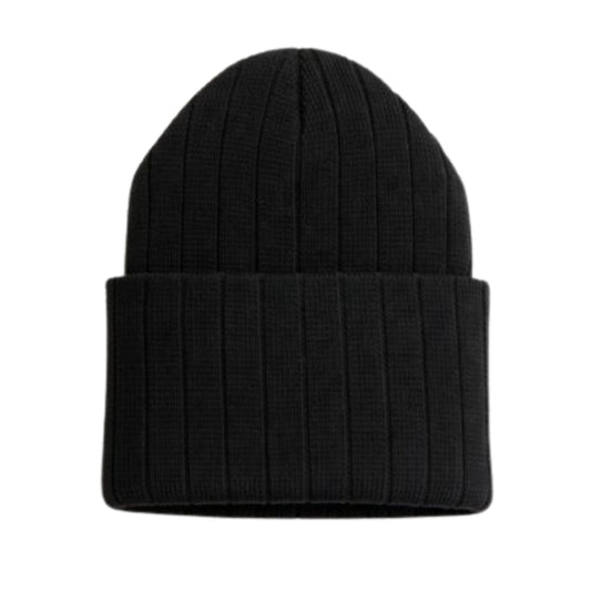Black knit beanie photographed on a white background