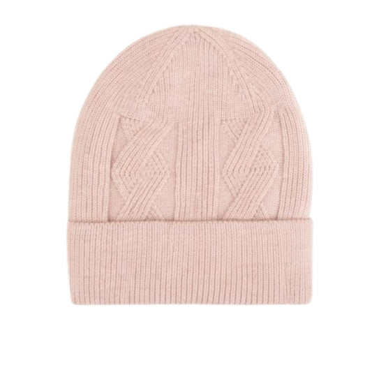 Off white knit beanie with velvet inner photographed on a white background