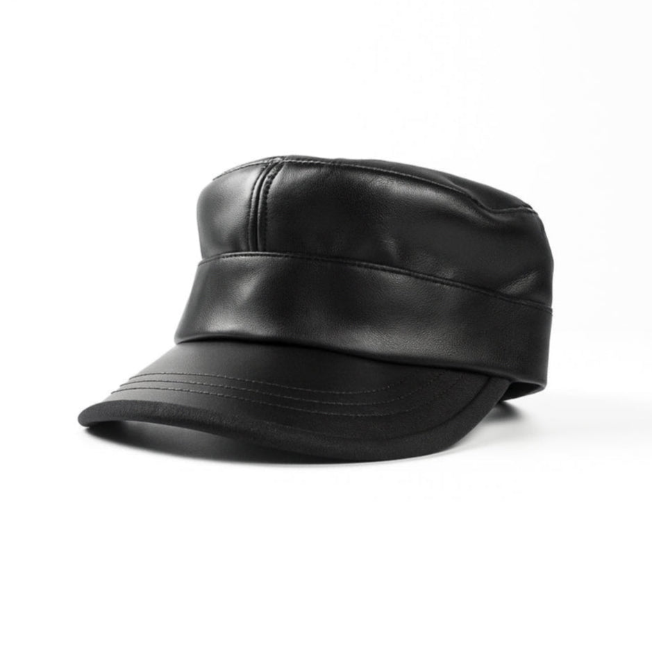 Premium black faux leather military cap by No Cap with a smooth matte finish and stitched curved brim with adjustable back strap displayed on a white background.