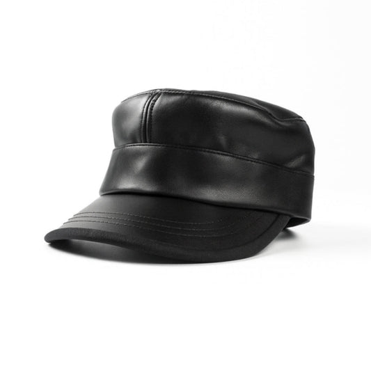 Premium black faux leather military cap by No Cap with a smooth matte finish and stitched curved brim with adjustable back strap displayed on a white background.