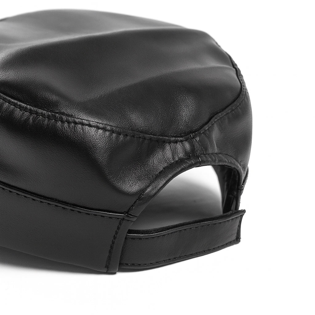Premium black faux leather military cap by No Cap with a smooth matte finish and stitched curved brim with adjustable back strap displayed on a white background.