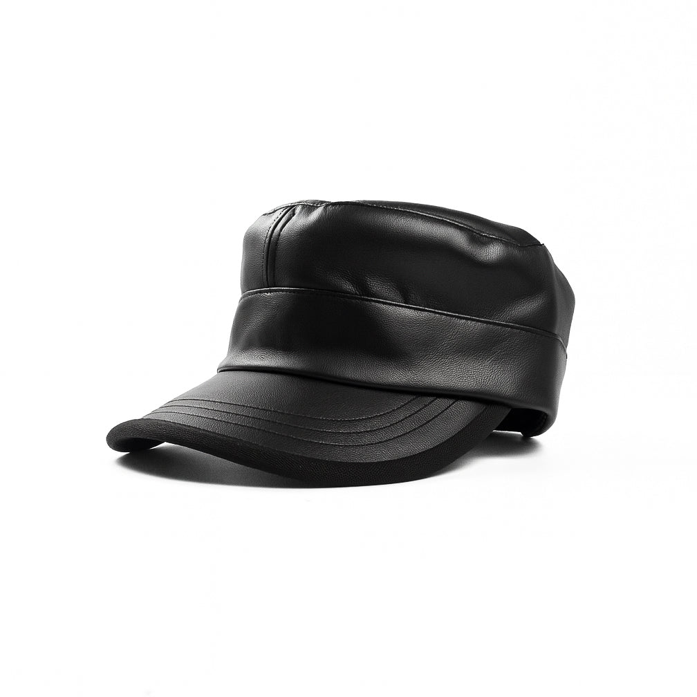 Premium black faux leather military cap by No Cap with a smooth matte finish and stitched curved brim with adjustable back strap displayed on a white background.