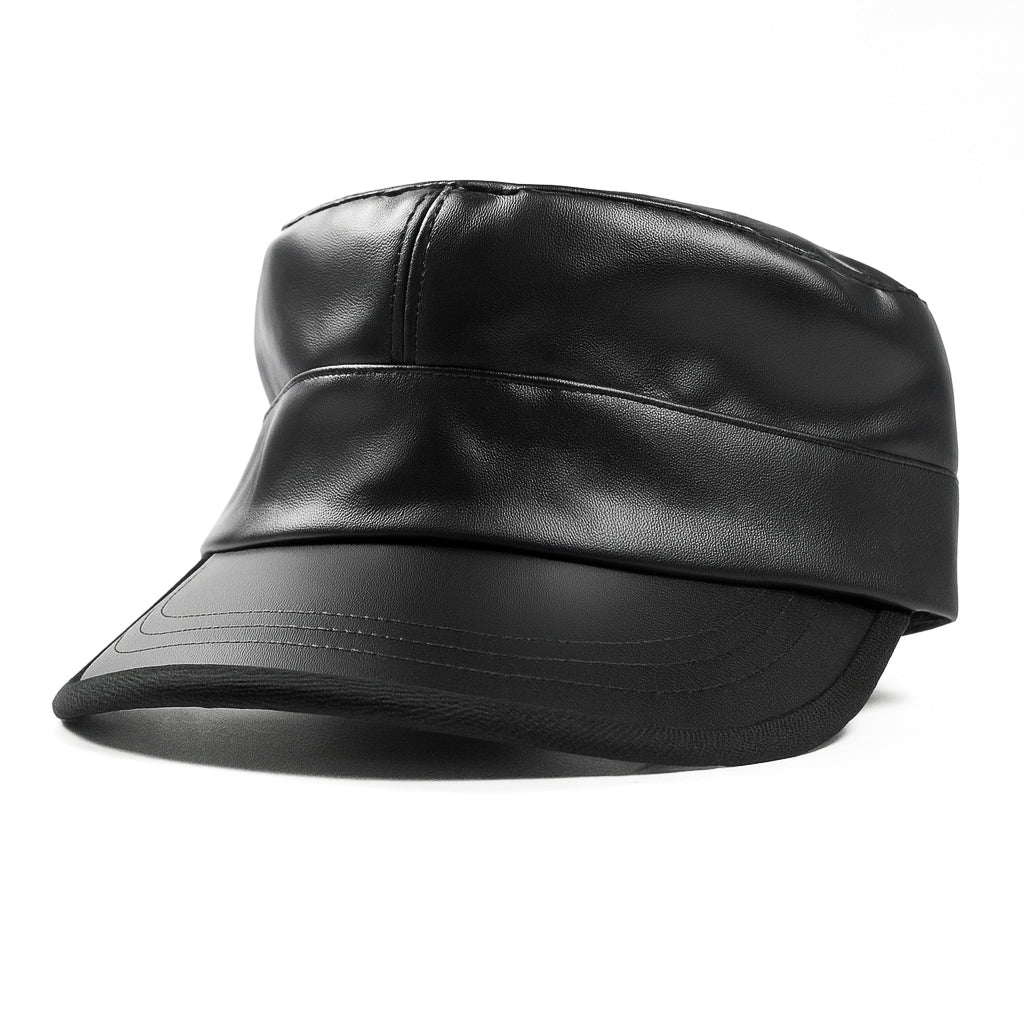 Premium black faux leather military cap by No Cap with a smooth matte finish and stitched curved brim with adjustable back strap displayed on a white background.