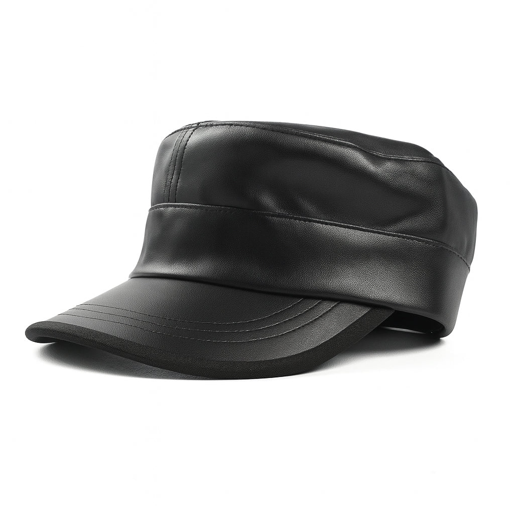 Premium black faux leather military cap by No Cap with a smooth matte finish and stitched curved brim with adjustable back strap displayed on a white background.