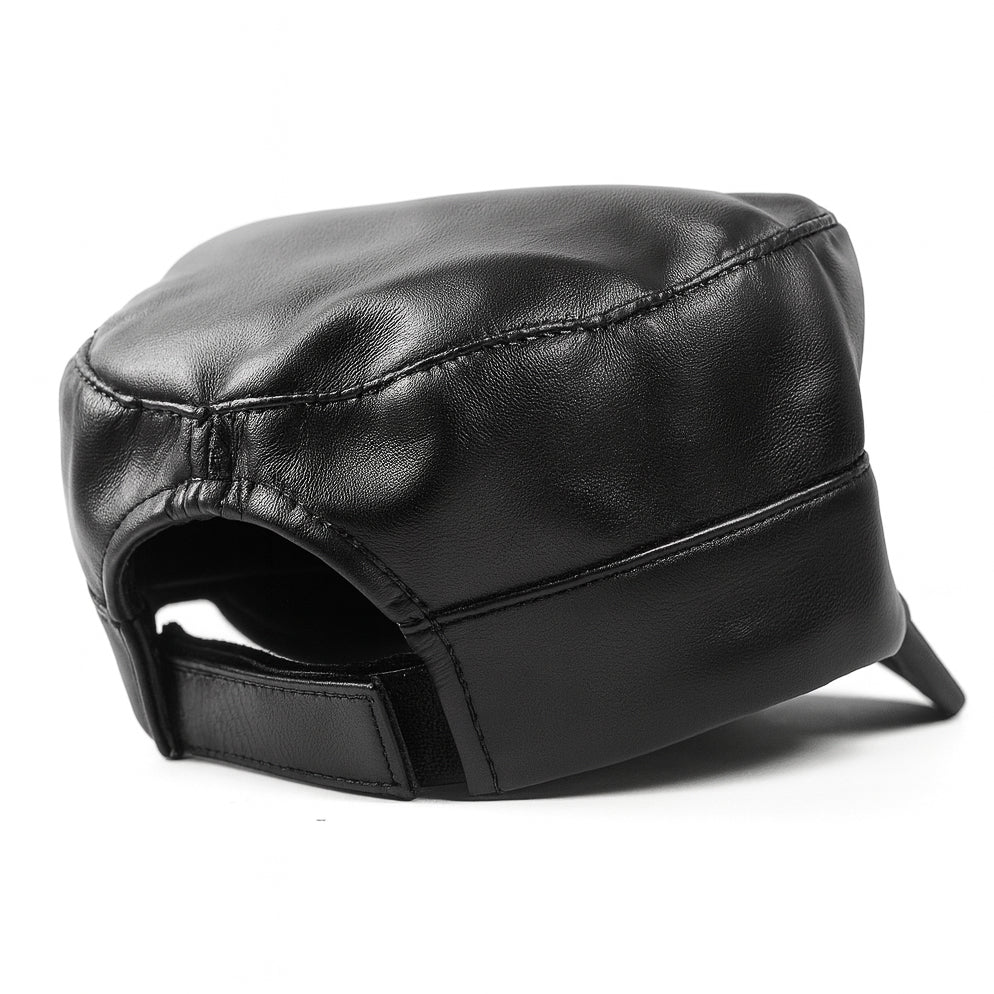 Premium black faux leather military cap by No Cap with a smooth matte finish and stitched curved brim with adjustable back strap displayed on a white background.