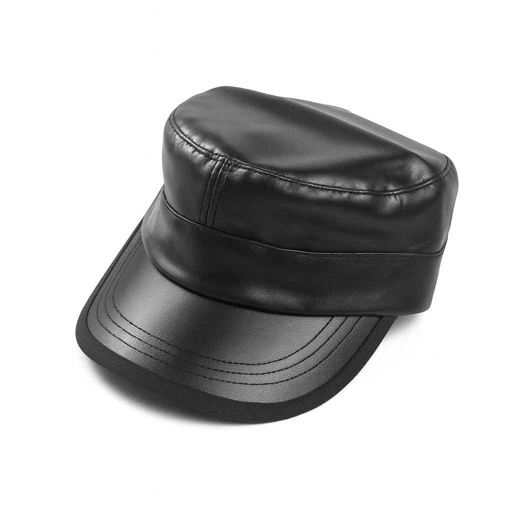 Premium black faux leather military cap by No Cap with a smooth matte finish and stitched curved brim with adjustable back strap displayed on a white background.