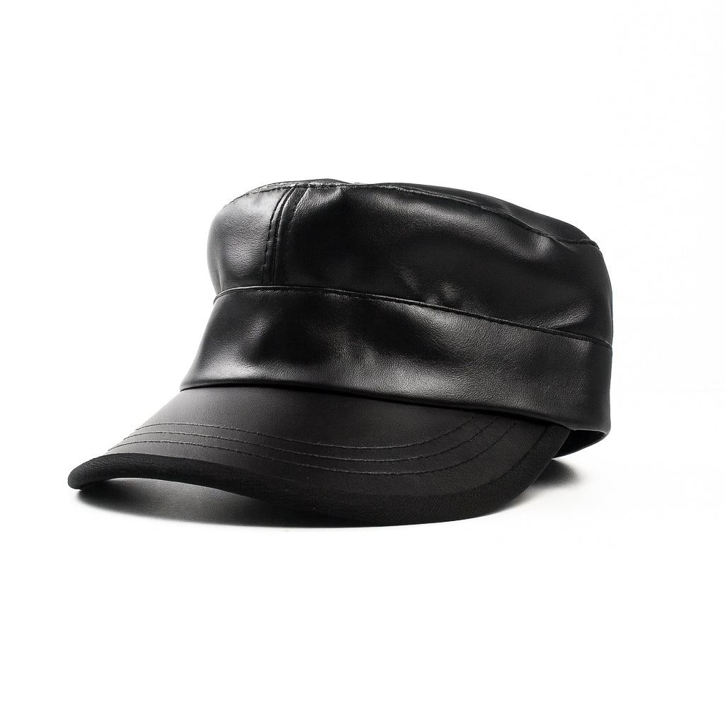 Premium black faux leather military cap by No Cap with a smooth matte finish and stitched curved brim with adjustable back strap displayed on a white background.