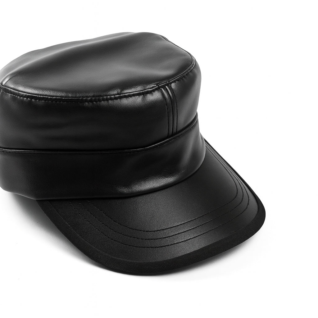 Premium black faux leather military cap by No Cap with a smooth matte finish and stitched curved brim with adjustable back strap displayed on a white background.