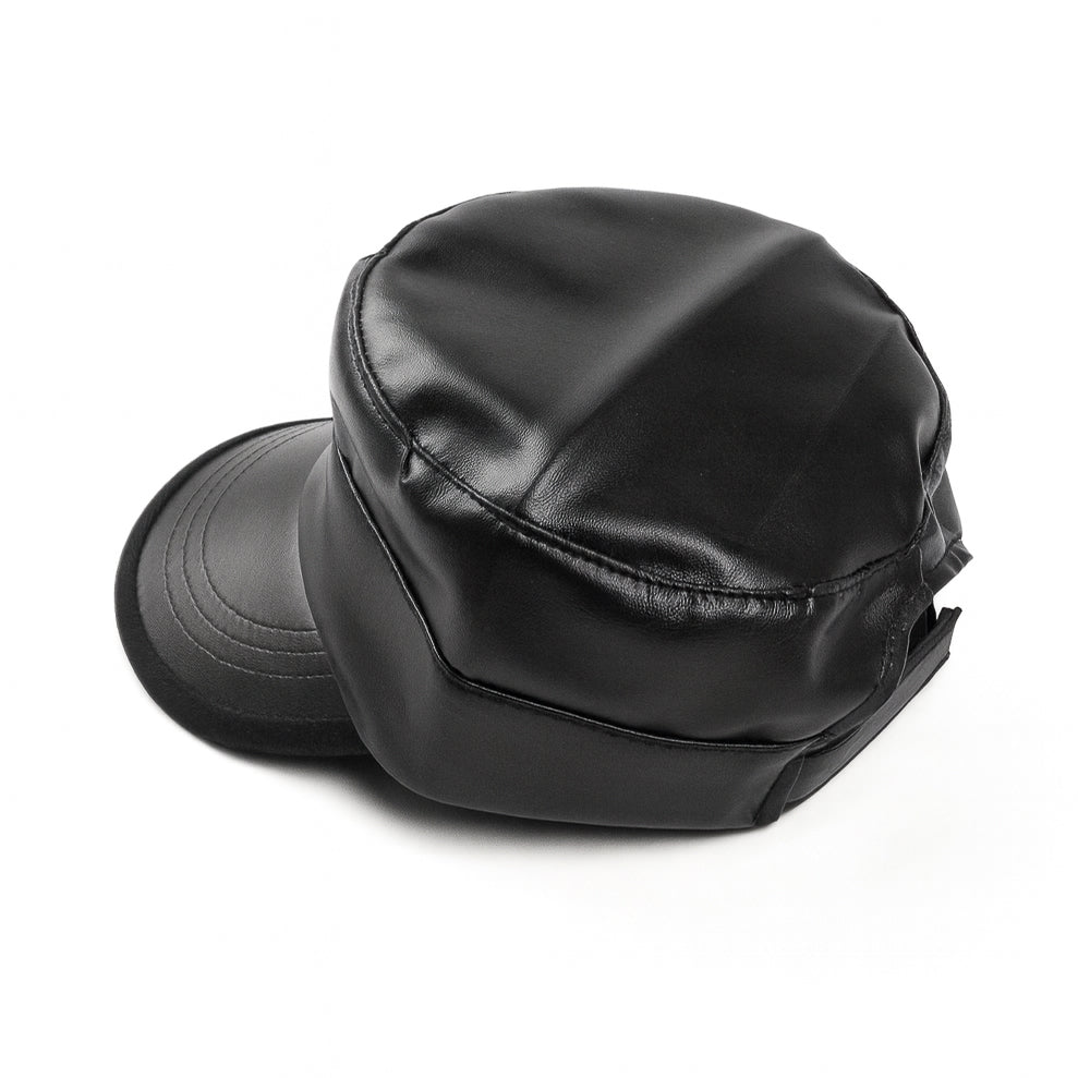 Premium black faux leather military cap by No Cap with a smooth matte finish and stitched curved brim with adjustable back strap displayed on a white background.