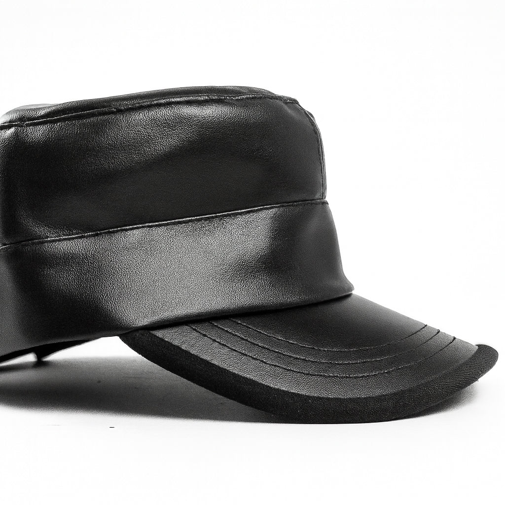 Premium black faux leather military cap by No Cap with a smooth matte finish and stitched curved brim with adjustable back strap displayed on a white background.
