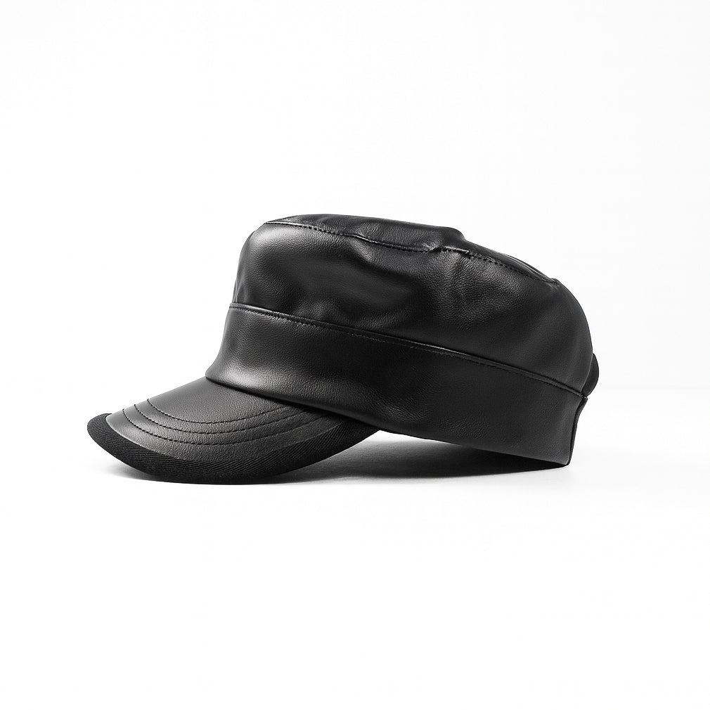 Premium black faux leather military cap by No Cap with a smooth matte finish and stitched curved brim with adjustable back strap displayed on a white background.