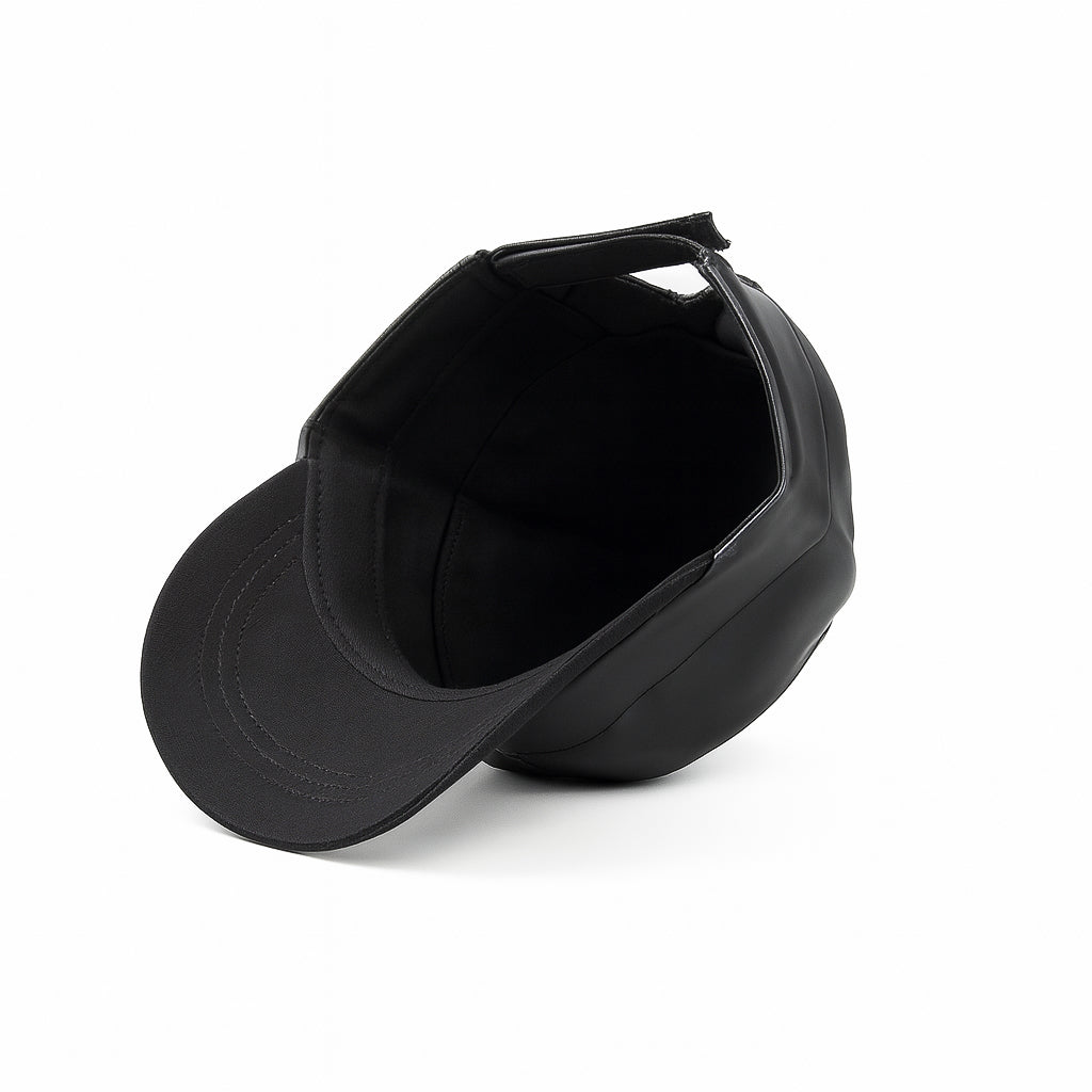 Premium black faux leather military cap by No Cap with a smooth matte finish and stitched curved brim with adjustable back strap displayed on a white background.