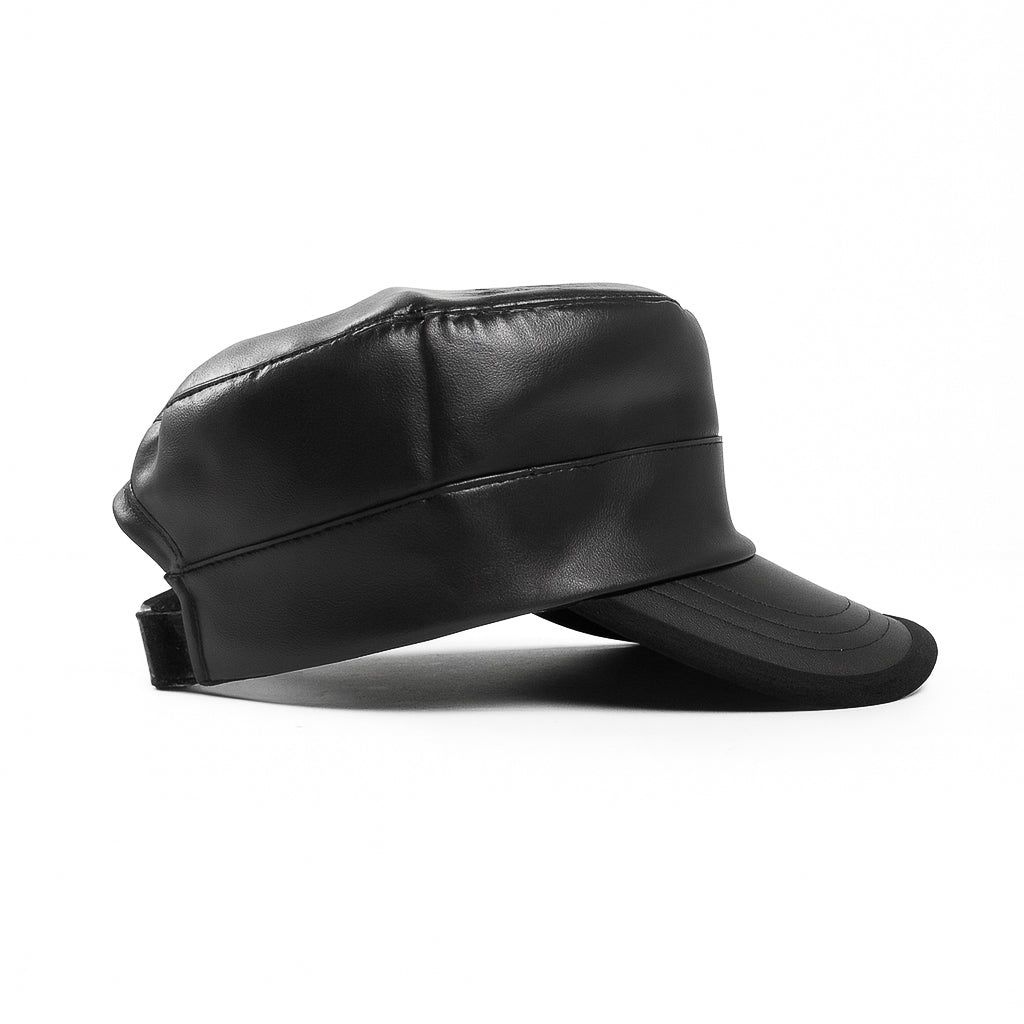 Premium black faux leather military cap by No Cap with a smooth matte finish and stitched curved brim with adjustable back strap displayed on a white background.
