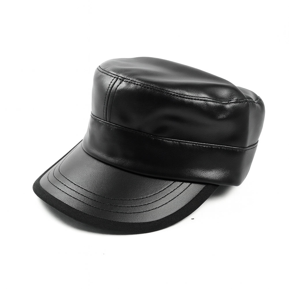 Premium black faux leather military cap by No Cap with a smooth matte finish and stitched curved brim with adjustable back strap displayed on a white background.