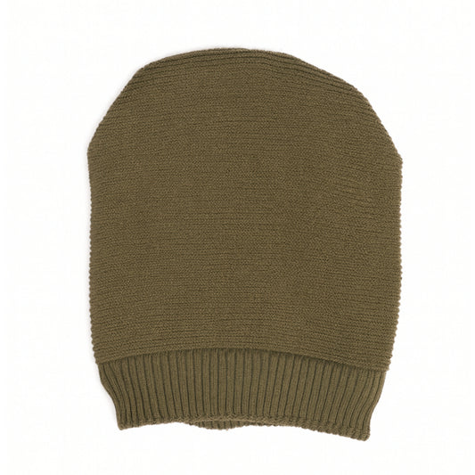 Olive Green  knitted beanie with woolen inner photographed on a white background